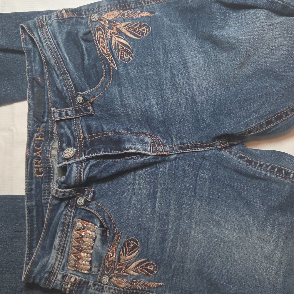 Grace in LA Blue Jeans with Brown Embroidery - Picture 5 of 10